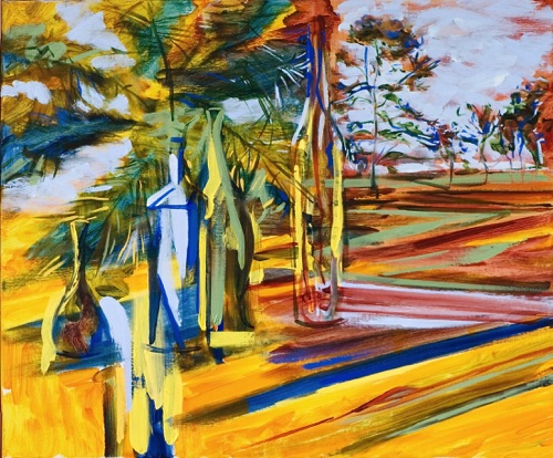 Bottles, Palm Tree and Irish Landscapes, 30" x 36", oil on linen, 2010.